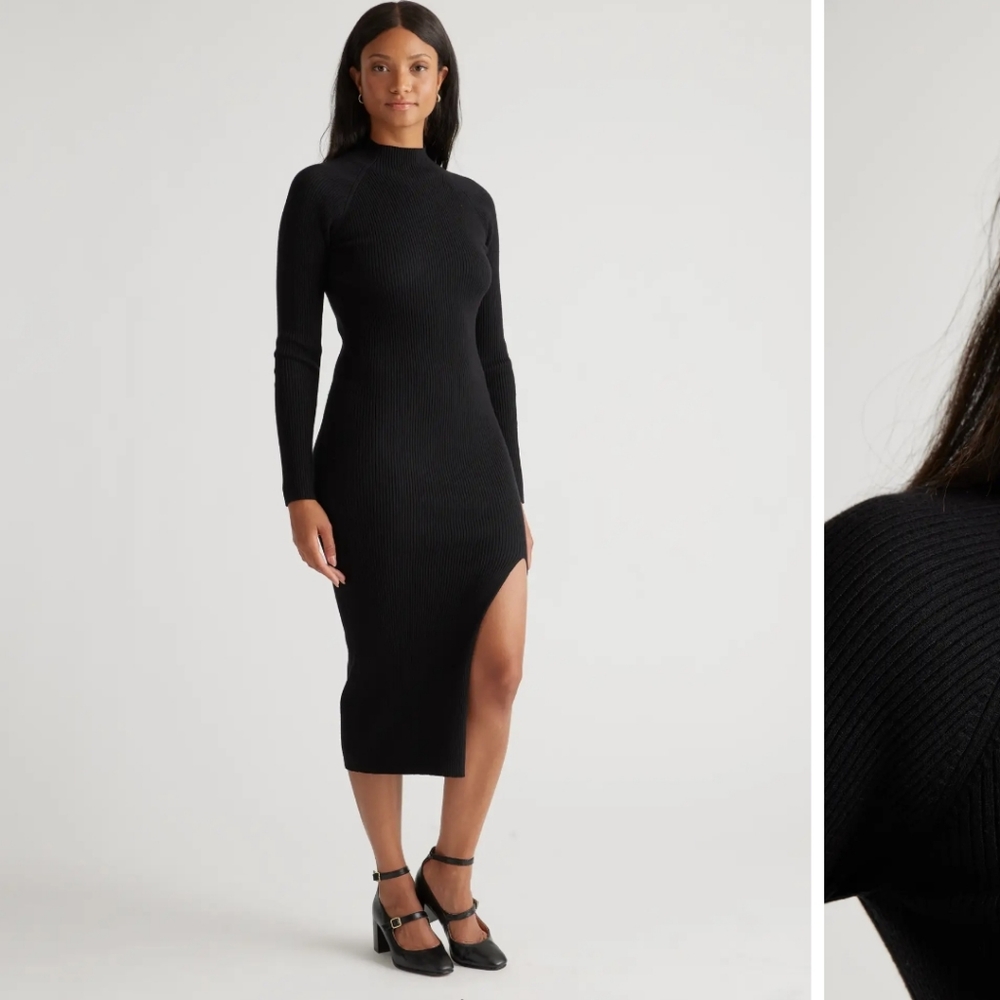 Quince Eco Knit Ribbed Mockneck Sweater Dress in Black